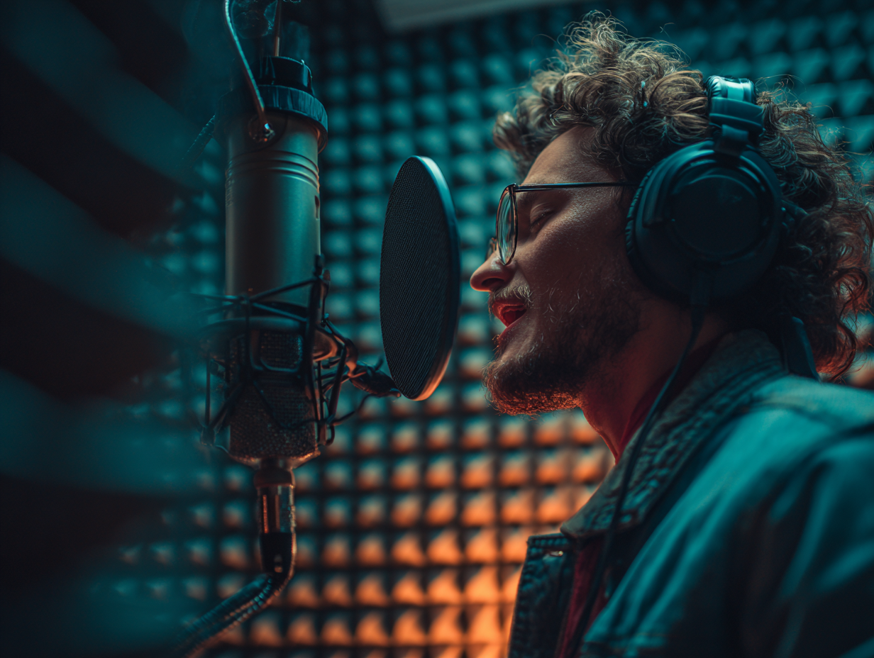 Musician recording in a soundproof studio. Acoustic panels are visible on the wall
